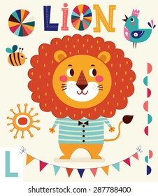 Cartoon character fun lion. Series Alphabet for children. Letter L. Vector illustration. Baby card with lion boy
