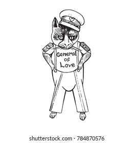 Cartoon character of funky cat in soviet military form with inscription "General of love", hand drawn doodle sketch, isolated vector outline illustration