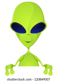 Cartoon Character Funny Alien Isolated on Grey Gradient Background. Look Out. Vector EPS 10.