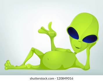 Cartoon Character Funny Alien Isolated on Grey Gradient Background. Relaxation. Vector EPS 10.