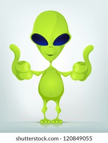 Cartoon Character Funny Alien Isolated On Grey Gradient Background. Cool. Vector EPS 10.