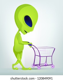 Cartoon Character Funny Alien Isolated on Grey Gradient Background. Shopping. Vector EPS 10.