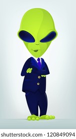 Caricatura Cartoon Character Funny Alien aislado en fondo gradiente gris. Los hombres de negocios cruzan las manos. EPS vectorial 10.