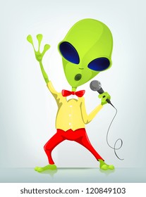 Caricatura Cartoon Character Funny Alien aislado en fondo gradiente gris. Cantando. EPS vectorial 10.