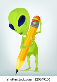 Cartoon Character Funny Alien Isolated on Grey Gradient Background. Writer . Vector EPS 10.