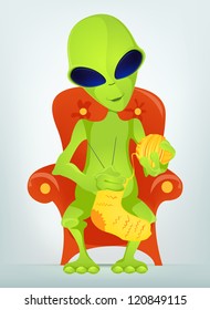 Cartoon Character Funny Alien Isolated on Grey Gradient Background. Kniting. Vector EPS 10.