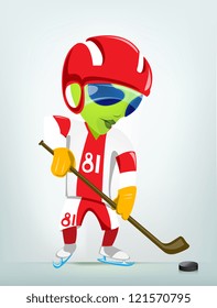 Cartoon Character Funny Alien Isolated on Grey Gradient Background. Hockey. Vector EPS 10.