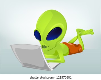 Caricatura Cartoon Character Funny Alien aislado en fondo gradiente gris. Cordón. EPS vectorial 10.