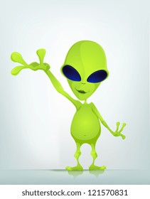 Cartoon Character Funny Alien Isolated on Grey Gradient Background. Empty hand. Vector EPS 10.