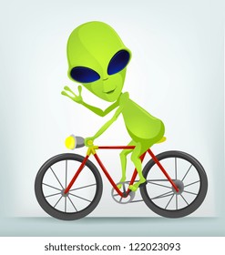 Cartoon Character Funny Alien Isolated on Grey Gradient Background. Biker. Vector EPS 10.