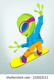Cartoon Character Funny Alien Isolated on Grey Gradient Background. Snowboarding. Vector EPS 10.