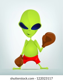 Cartoon Character Funny Alien Isolated on Grey Gradient Background. Boxing. Vector EPS 10.