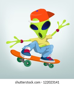 Cartoon Character Funny Alien Isolated on Grey Gradient Background. Skateboarding. Vector EPS 10.