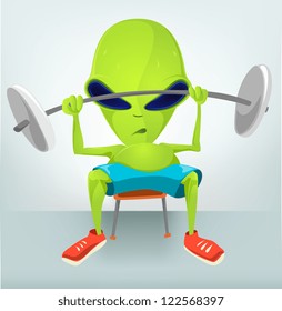 Cartoon Character Funny Alien Isolated on Grey Gradient Background. Gym. Vector EPS 10.