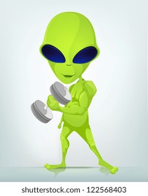 Cartoon Character Funny Alien Isolated on Grey Gradient Background. Gym. Vector EPS 10.