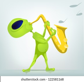 Cartoon Character Funny Alien Isolated on Grey Gradient Background. Saxophonist. Vector EPS 10.