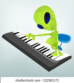 Cartoon Character Funny Alien Isolated on Grey Gradient Background. Pianist. Vector EPS 10.