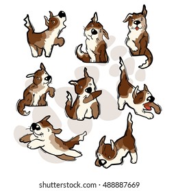 Cartoon character of funny dog. Brown spotted dog in various position.