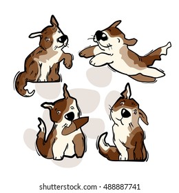 Cartoon character of funny dog. Brown spotted dog in various position.