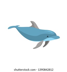 Cartoon Character Funny Dolphin on a White Cheerful Ocean Mammal Concept Element Flat Design Style. Vector illustration