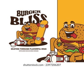 Cartoon Character of Funny Fast Food Playing Skateboard with Retro and Handwritten Style, Suitable for Poster and Sticker