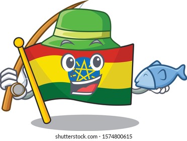 Cartoon character of funny Fishing flag ethiopia design