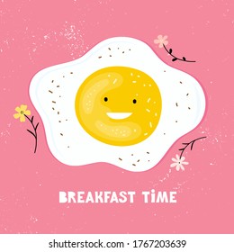 Cartoon character funny fried eggs with handwritten phrase Breakfast time. Poster for children. Friendly egg on a pink background. Healthy Breakfast for children. Hand drawn vector years illustration