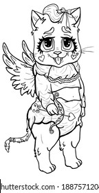 Cartoon character, funny kitten Cupid with big eyes, fluffy eyelashes and angel wings, in diaper, with  bow-knot, with protruding tongue and plump cheeks - hearts, with small bow and arrow in a paw. 