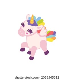 Cartoon character of funny magic baby unicorn with rainbow mane and tail, flat vector illustration isolated on white background. Baby unicorn for girls prints.