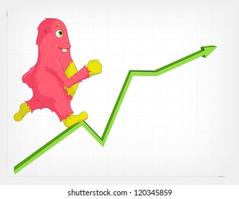 Cartoon Character Funny Monster Isolated on Grey Gradient Background. Stastistic Up. Vector EPS 10.