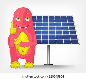 Cartoon Character Funny Monster Isolated on Grey Gradient Background. Thinking about Solar Energy. Vector EPS 10.