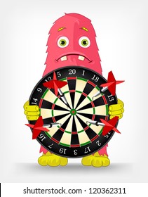 Cartoon Character Funny Monster Isolated on Grey Gradient Background. Darts. Vector EPS 10.