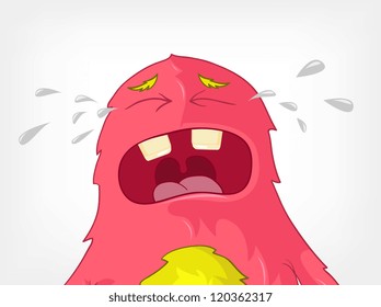 Cartoon Character Funny Monster Isolated on Grey Gradient Background. Cry. Vector EPS 10.
