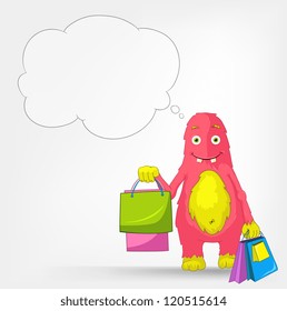 Cartoon Character Funny Monster Isolated on Grey Gradient Background. Shopping. Vector EPS 10.