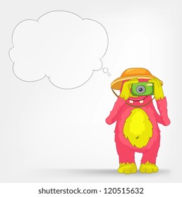 Cartoon Character Funny Monster Isolated on Grey Gradient Background. Tourist Photographer. Vector EPS 10.