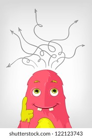 Cartoon Character Funny Monster Isolated on Grey Gradient Background. Thinking. Vector EPS 10.