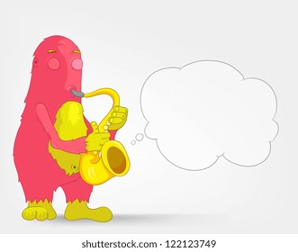 Cartoon Character Funny Monster Isolated on Grey Gradient Background. Saxophonist. Vector EPS 10.