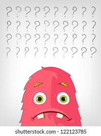 Cartoon Character Funny Monster Isolated on Grey Gradient Background. Thinking. Vector EPS 10.