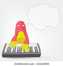Cartoon Character Funny Monster Isolated on Grey Gradient Background. Pianist. Vector EPS 10.