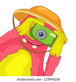 Cartoon Character Funny Monster Isolated on White Background. Tourist Photographer. Vector EPS 10.