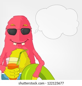 Cartoon Character Funny Monster on Grey Gradient Background. Beach. Vector EPS 10.
