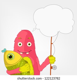 Cartoon Character Funny Monster on Grey Gradient Background. Fisherman. Vector EPS 10.