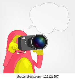 Cartoon Character Funny Monster on Grey Gradient Background. Photographer. Vector EPS 10.