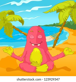 Cartoon Character Funny Monster. Yoga. Vector Illustration. EPS 10.