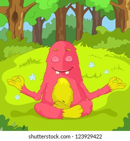 Cartoon Character Funny Monster. Yoga. Vector Illustration. EPS 10.