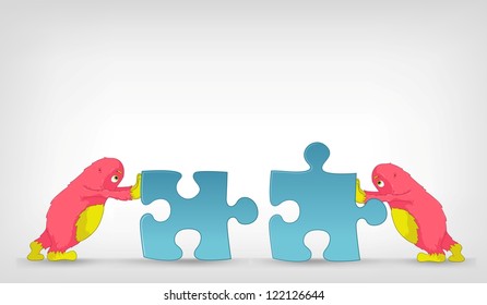 Cartoon Character Funny Monsters on Grey Gradient Background. Pushing Puzzles. Vector EPS 10.