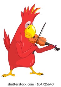 Cartoon Character Funny Parrot Isolated on White Background. Violinist. Vector EPS 10.