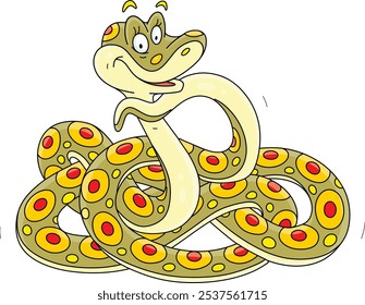 Personaje de dibujos animados de una serpiente manchada divertida amistosa sonriendo y enrollado en una bola enredada, Ilustración vectorial aislada en un fondo blanco