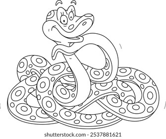 Personaje de dibujos animados de una divertida serpiente manchada amistosa sonriendo y enrollado en una bola enredada, ilustración de dibujos animados de Vector blanco y negro para un libro para colorear