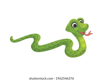 Cartoon character of funny tropical green boa or anaconda snake, flat vector illustration isolated on white background. Comic image of smiling snake reptile animal.